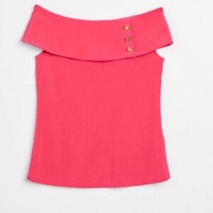 Melanie Lyne Pink Off Shoulder Blouse Bold Gold Buttons